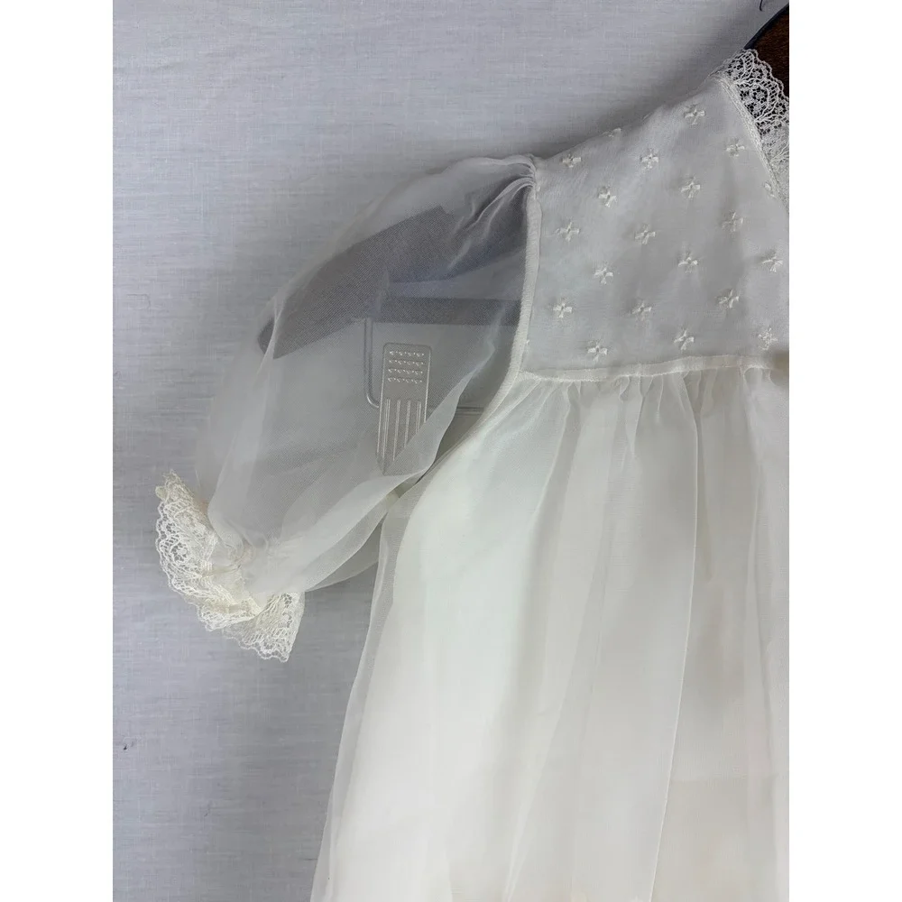 Vintage‎ White Sheer Embroidered Baby Christening Gown Lace Trim Ribbon Tie 9M